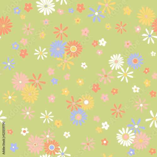 Vintage vector seamless pattern. Nostalgic retro 70s groovy print. Hippie floral background. Textile and surface design with old fashioned hand drawn naive geometric flowers
