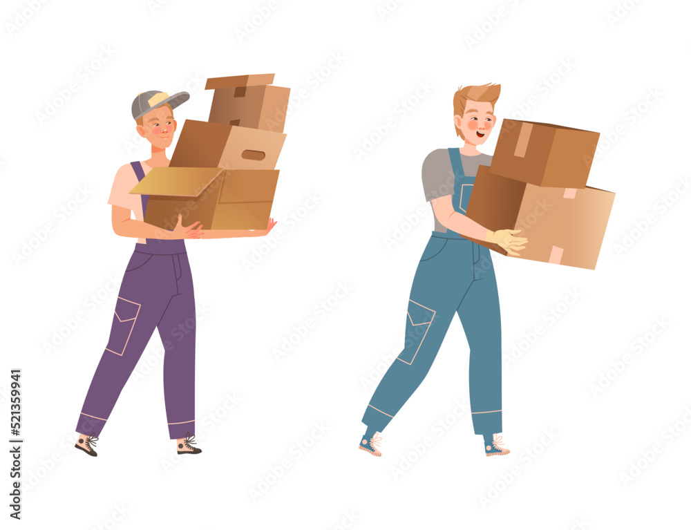 Male loaders carrying heavy goods in cardboard boxes. Moving service and cargo delivery company workers cartoon vector illustration