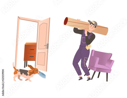 Male loader carrying carpet during move to new house. Moving service and cargo delivery company workers cartoon vector illustration
