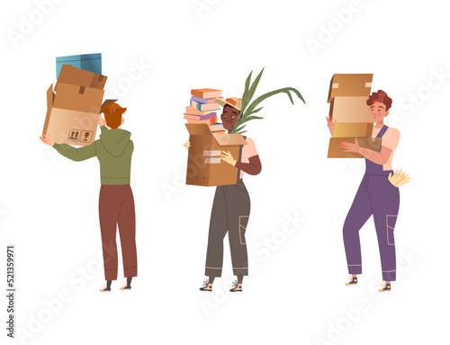 Male loaders in overalls carrying heavy goods in cardboard boxes. Workers of moving service and cargo delivery company cartoon vector illustration