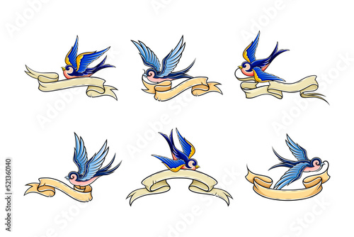 Old School Blue Swallow Holding Banner or Ribbon in Its Beak Vector Set