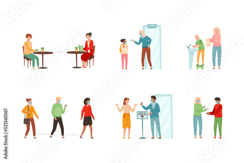 People Character During Pandemic Wearing Mask in Public, Hand Washing and Social Distancing Vector Set