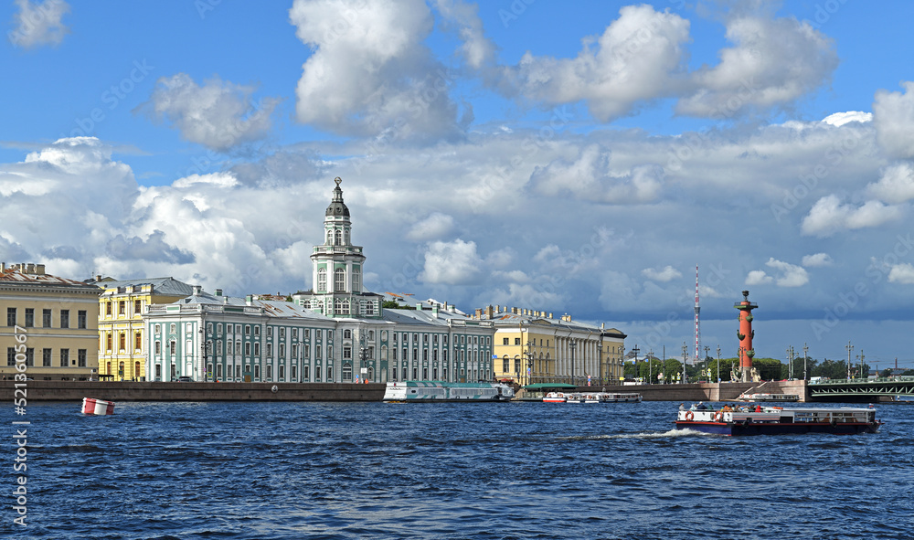 Summer landscape with Neva river, University embankment and Kunstkamera building (Museum of Anthropology and Ethnography). Saint Petersburg