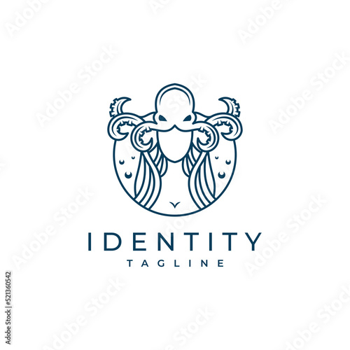 Girl with octopus on her head logo vector illustration design, character logo linear outline line art monoline