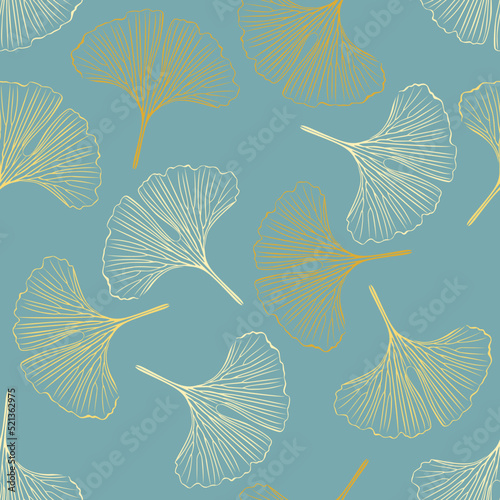 Golden ginkgo leaves on turquoise background. Seamless botanical pattern. Vector art line illustration.