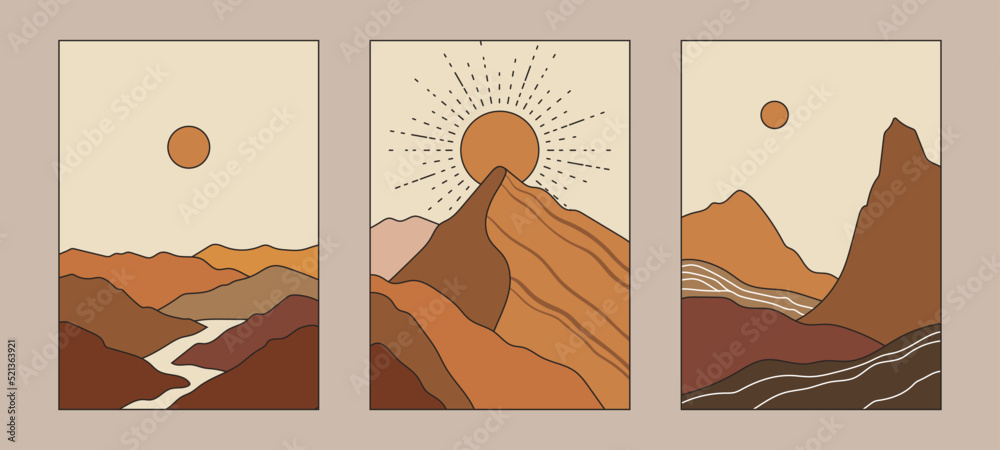 Boho vector set. Contemporary compositions with sun and mountains. Abstract landscape. Bohemian poster. Boho wall decor. Mid century art print. Boho vector set. Contemporary compositions with sun and mountains. Abstract landscape. Bohemian poster. Boho wall decor. Mid century art print.