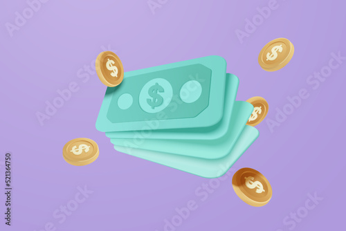 3D vector money banknote on background, coin, online payment and payment concept. 3d holding wallet render for business, bank, finance, investment, money saving, banknote on isolate background
