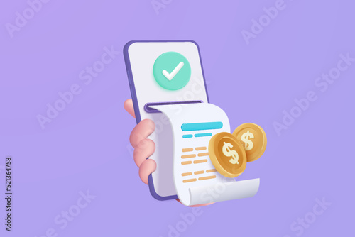 3d pay money with mobile phone banking online payments concept. Bill on smartphone transaction with money coin. Mobile with financial paper on background. 3d bill payment vector icon illustration photo