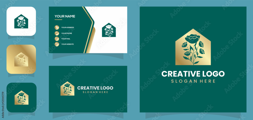 Fototapeta premium Hand drawn trendy illustration. house and flower logo. Simple outline concept for interior design studio, hotel business, real estate, hostel, rental housing