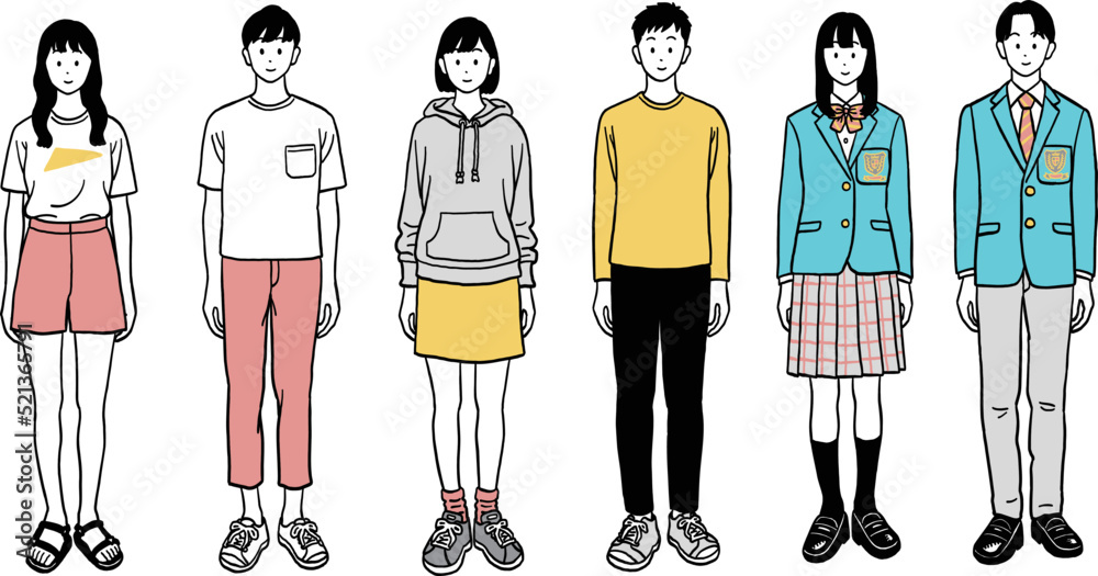 高校生の男女6人の全身イラスト