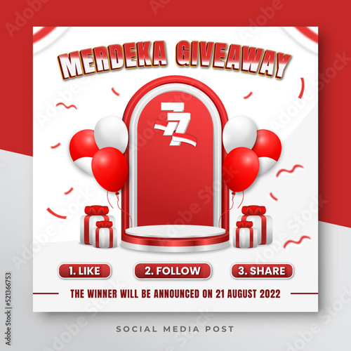 Giveaway social media banner with podium display for Indonesia independence day