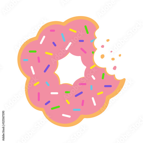 Strawberry half-eaten mochi donuts with pink glaze and colorful sprinkles. Isolated vector illustration on white background.