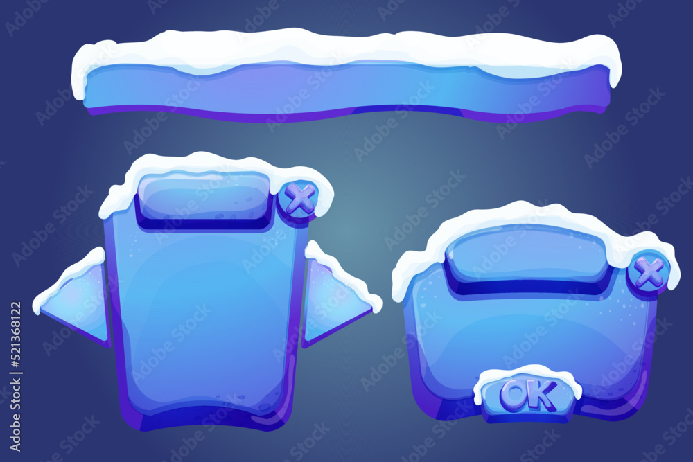 Set winter ice fantasy interface template game menu with snow in ...