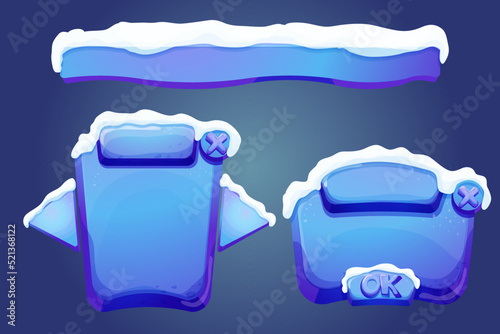 Set winter ice fantasy interface template game menu with snow in cartoon style isolated on white background. Ui asset, frame for settings design. Casual web 2d element.