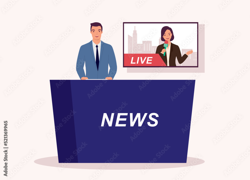 Smiling Male News Anchor At Studio Communicating With The Female Journalist On TV Monitor About A Live Event. Full Length. Flat Design Style, Character, Cartoon. Smiling Male News Anchor At Studio Communicating With The Female Journalist On TV Monitor About A Live Event. Full Length. Flat Design Style, Character, Cartoon.