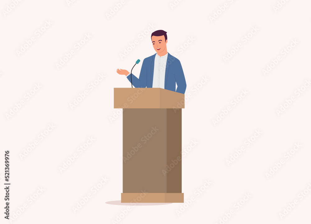 One Businessman Standing At A Podium Giving Speech. Full Length. Flat Design Style, Character, Cartoon. - obrazy, fototapety, plakaty 