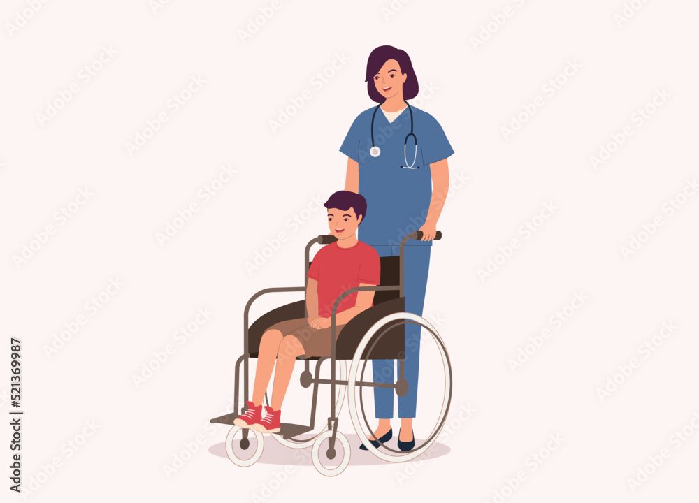 Smiling Female Nurse With Medical Scrubs Pushing Wheelchair With Disabled Boy. Full Length. Flat Design Style, Character, Cartoon. Smiling Female Nurse With Medical Scrubs Pushing Wheelchair With Disabled Boy. Full Length. Flat Design Style, Character, Cartoon.
