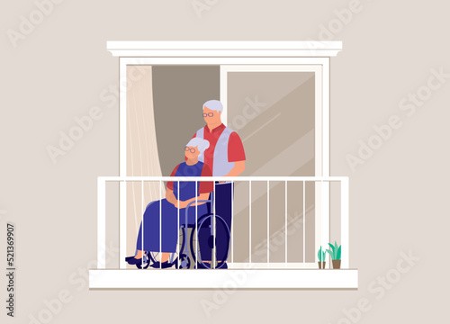 Elderly Husband And Wife With Wheelchair Getting Some Fresh Air Outside The House Balcony. Full Length. Flat Design Style, Character, Cartoon.
