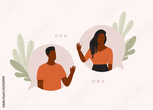 Young Black Couple Inside Of Online Chat Bubble Communicating With Each Other. Flat Design Style, Character, Cartoon.