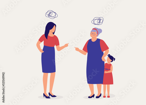 Frustrated Daughter In-Law Dealing With Her Difficult Mother-In-Law. Little Girl Hiding Behind Her Grandmother. Toxic In-Law. Full Length. Flat Design Style, Character, Cartoon.