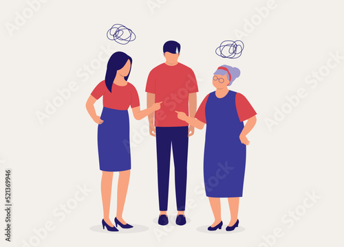 Angry Daughter-In-Law Quarrelling With Her Mother-In-Law While Stressful Husband Standing In The Middle Of The Fight Feeling Difficult And Helpless. Toxic In-Law. Full Length. Flat Design Style.
