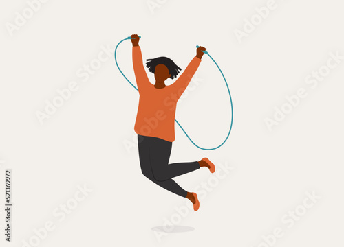 One Young Black Woman Jumping With Skipping Rope. Full Length. Flat Design Style, Character, Cartoon.