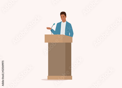 One Black Businessman Standing At A Podium Giving Speech. Full Length. Flat Design Style, Character, Cartoon.