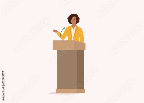One Black Businesswoman Standing At A Podium Giving Speech. Full Length. Flat Design Style, Character, Cartoon.