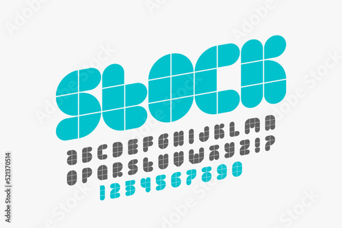 Modular style font, alphabet letters and numbers vector illustration