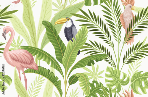 Realistic tropical seamless pattern. Repeating template with palm leaves, exotic birds, flamingo and parrot. Design element for wallpaper or print on fabric. Cartoon flat vector illustration