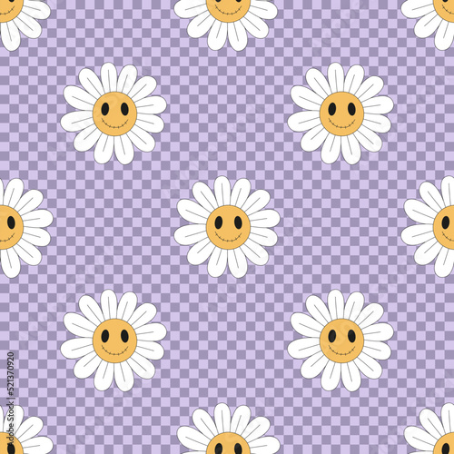 Hippie Groovy Halloween Zombie Daisy Smiley on Checkerboard vector seamless pattern. Retro 70s 60s Funny floral emoji background. Flower power emoticons surface design.