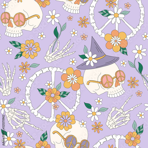 Hippie Groovy Bony Halloween Scull Peace Sign Hand Skeleton Daisy florals vector seamless pattern. Flower power braincase background. Autumn holiday floral surface design.