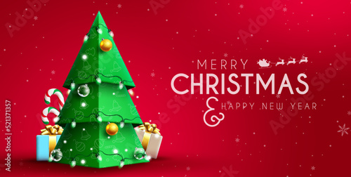 Christmas greeting vector design. Merry christmas text with 3d paper cut xmas tree element in elegant red background decoration for holiday and new year messages. Vector illustration.
