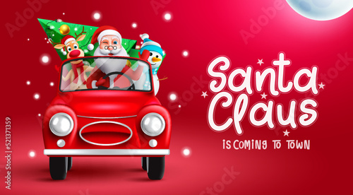 Christmas characters vector design. Santa is coming to town text with reindeer and snowman riding in car element for fun and enjoy xmas eve. Vector illustration.
