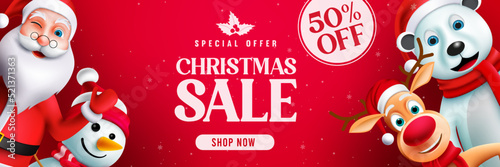 Christmas sale vector banner design. Christmas sale special offer text in shopping discount price with seasonal xmas character for holiday promo ads. Vector illustration.
