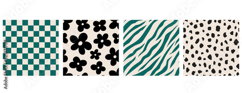 Set of green, black and cream abstract seamless patterns with animal skins ornaments and 70s florals.