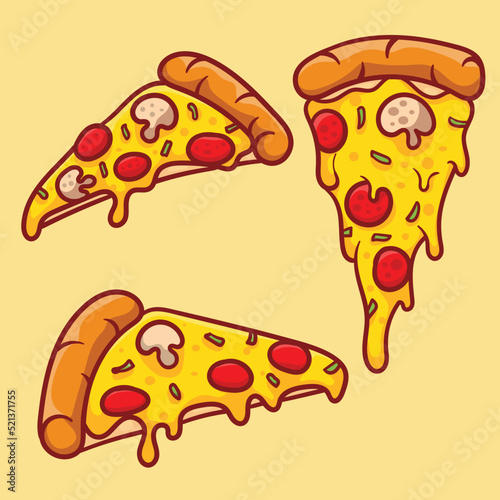 Vector illustration of delicious slice of pepperoni pizza with melted cheese, hand drawn, cartoon, flat, cute