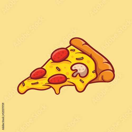 Vector illustration of delicious slice of pepperoni pizza with melted cheese, hand drawn, cartoon, flat, cute