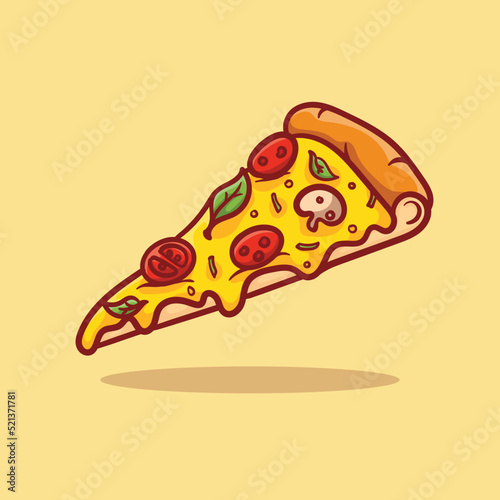 Vector illustration of delicious slice of pepperoni pizza with melted cheese, hand drawn, cartoon, flat, cute