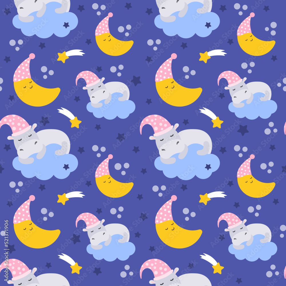 Seamless pattern. Cute hippopotamus sleeps on a cloud, the moon in a hat for sleeping on a blue background. Lullaby theme. Vector cartoon illustration