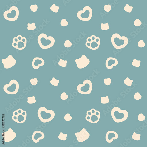 Seamless pattern with hearts, cat face and Imprint paws. Vector romantic background surface design for textile, stationery, wrapping paper, covers.