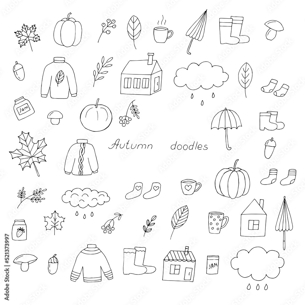 Fototapeta premium Autumn set vector illustration, hand drawing doodles