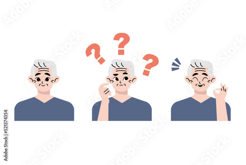 Elderly thinking. Emotions and gestures. Think not, do not understand, Think out. Concept learning of brain and alzheimer's disease of elderly. The contradictory emotions. Flat drawn style vector