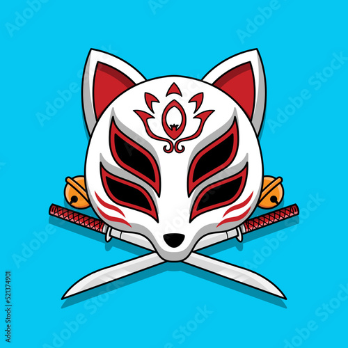 Japanese kitsune mask with katana sword, Vector illustration eps.10