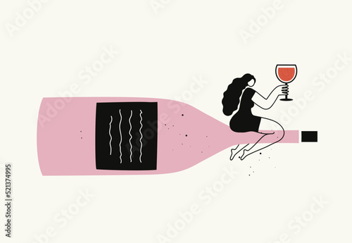 Vector illustration with women sitting on pink wine bottle with wineglass. Colored print design, bar menu and wall decoration poster template. © julymilks