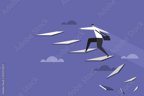 Conceptual illustration of a businessman climbing the imaginary steps to reach higher destination