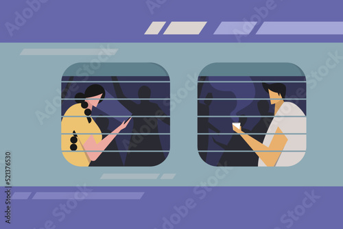 Illustration of passengers sitting in the window seat of a train