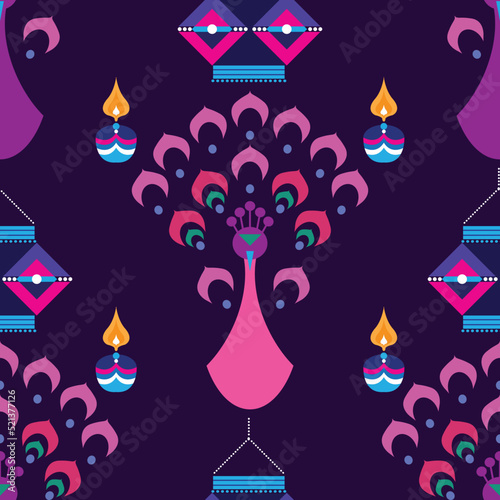 Traditional Indian festival Diwali. Happy Festival of lights Deepavali Template  seamless pattern . Festive Burning diya graphic design background. Vector abstract flat illustration
