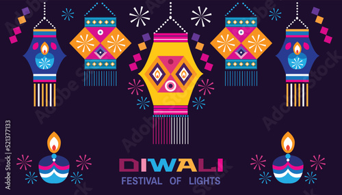Traditional Indian festival Diwali. Happy Festival of lights Deepavali Template for banner, poster, greeting card. Festive Burning diya graphic design background. Vector abstract flat illustration
