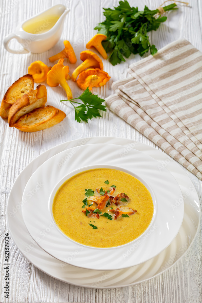 Kanttarellikeitto Finnish Chanterelle Soup in bowl Kanttarellikeitto Finnish Chanterelle Soup in bowl